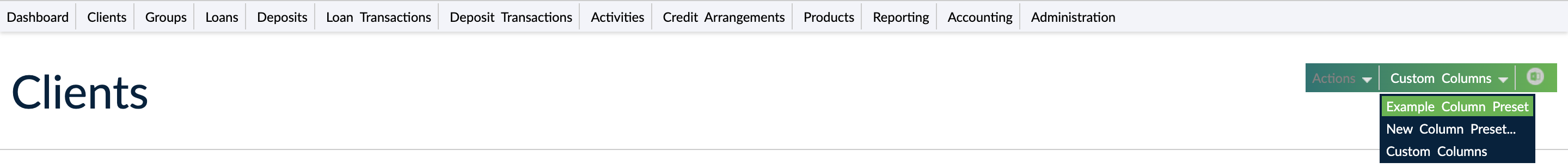 Custom Columns dropdown on a customizable page